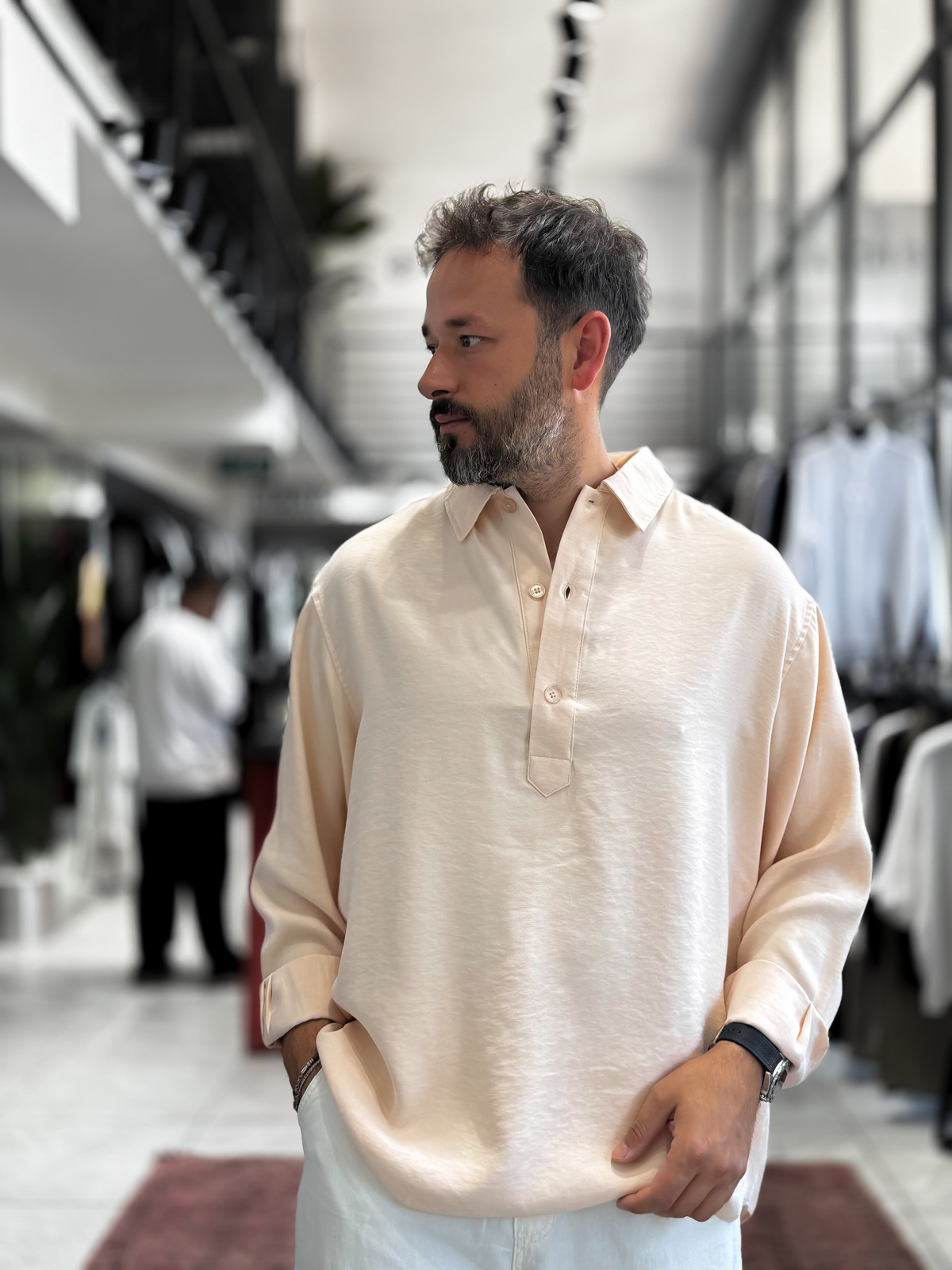 Bej Yarım Düğmeli Oversize Gömlek SW-1595