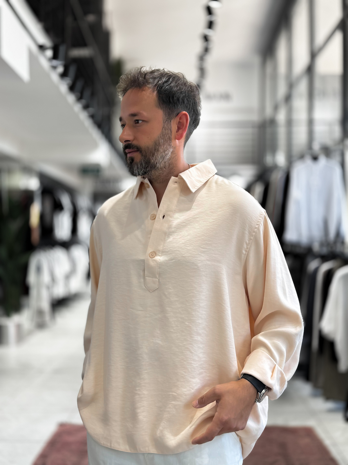 Bej Yarım Düğmeli Oversize Gömlek SW-1595