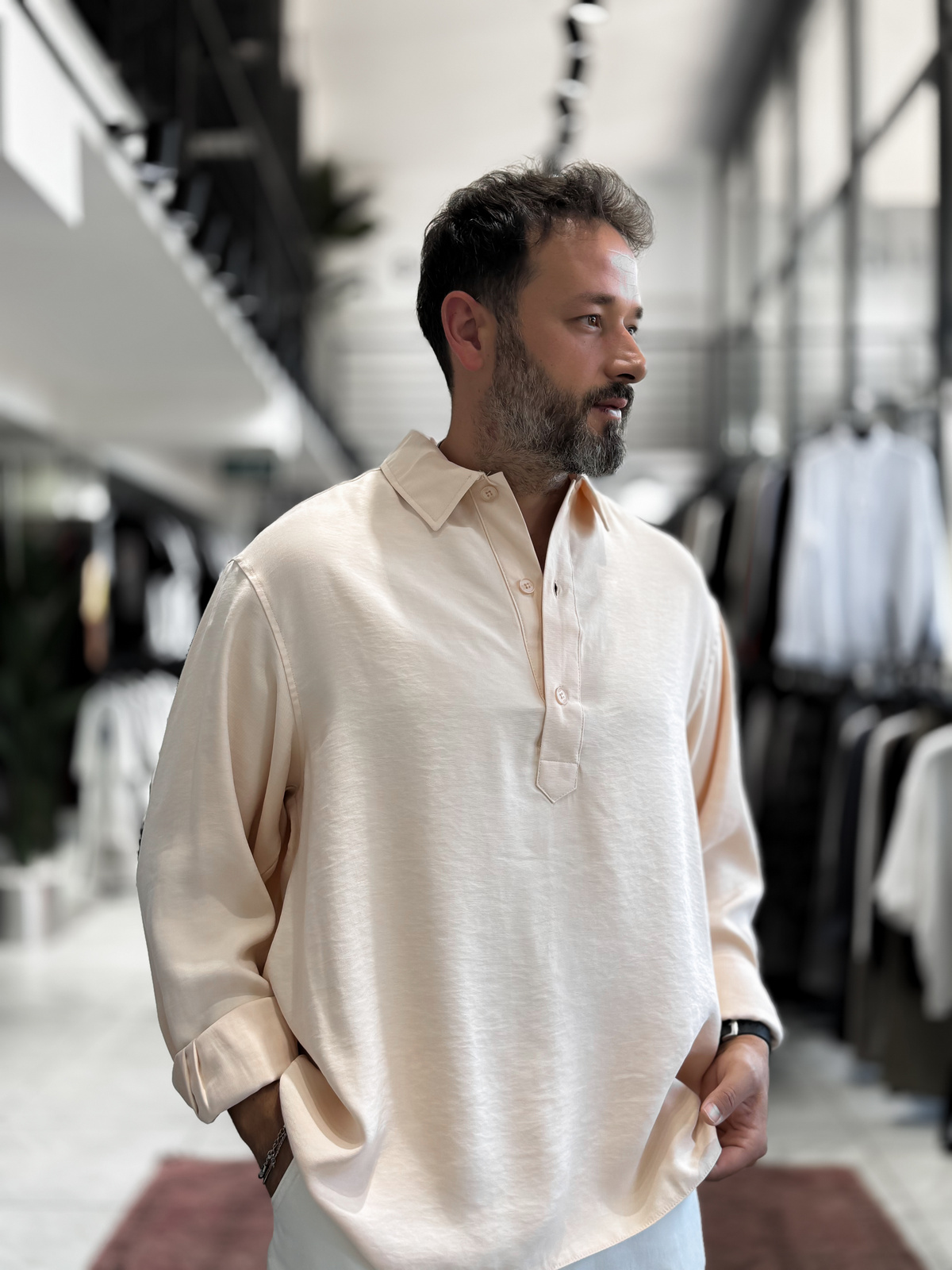 Bej Yarım Düğmeli Oversize Gömlek SW-1595