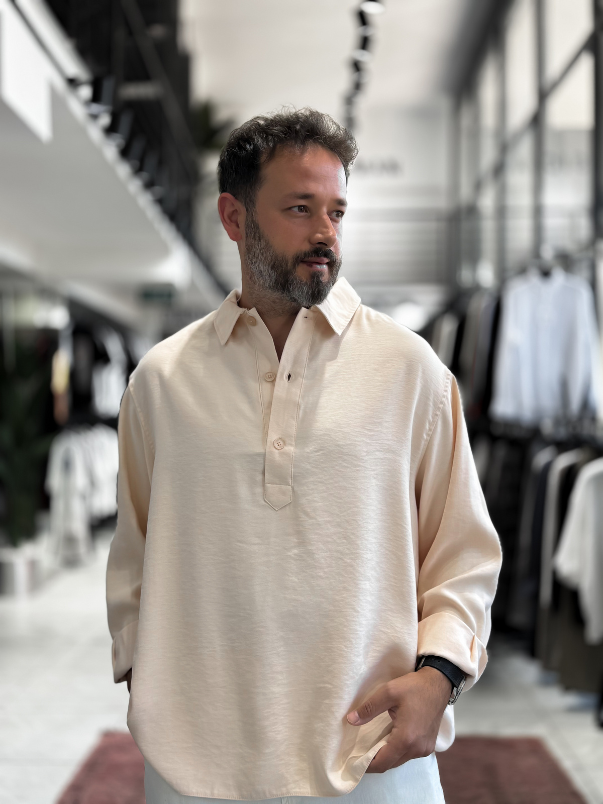 Bej Yarım Düğmeli Oversize Gömlek SW-1595