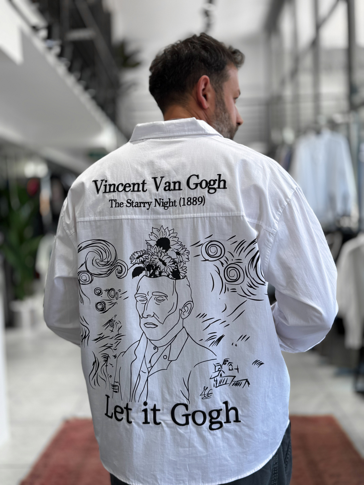 Beyaz Van Gogh Baskılı Oversize Gömlek TW-1208