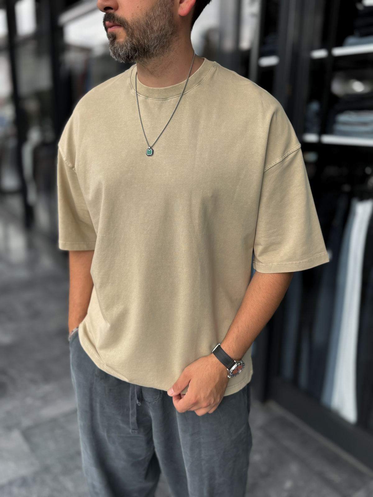Bej Yıkamalı Oversize T-Shirt DF-2180