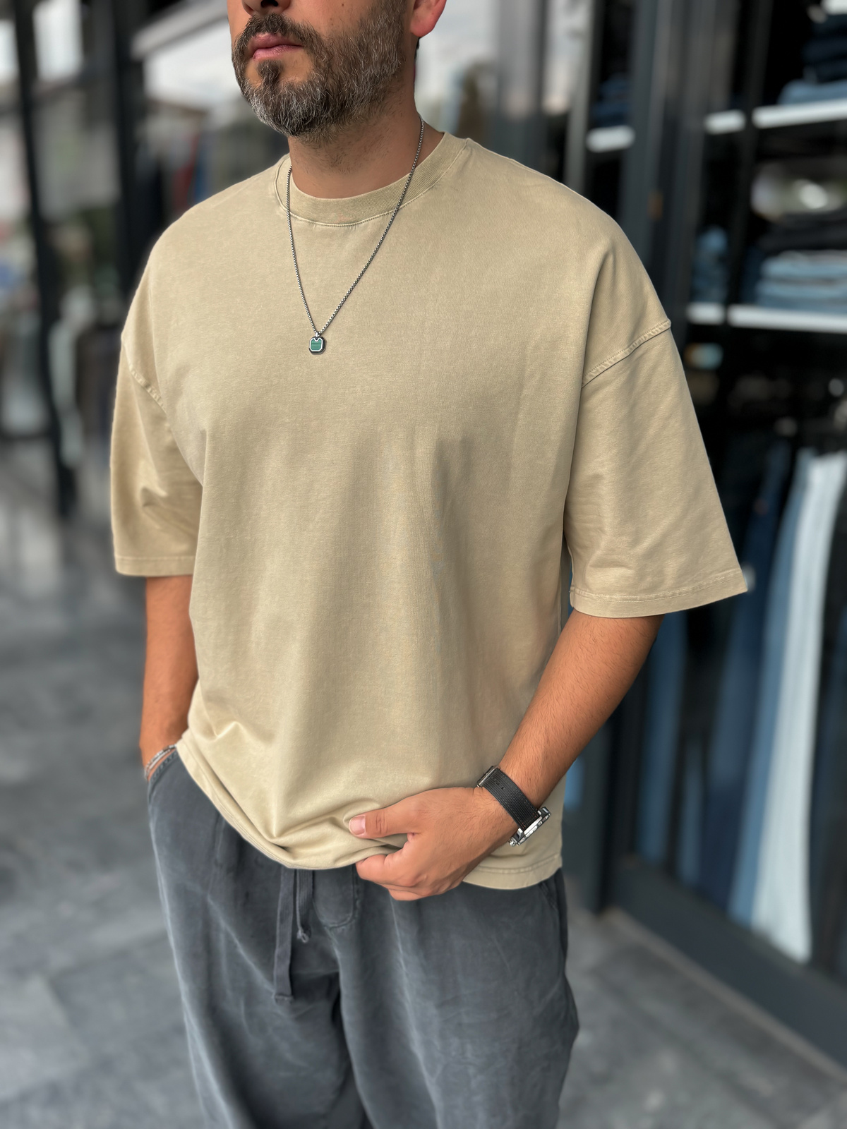 Bej Yıkamalı Oversize T-Shirt DF-2180