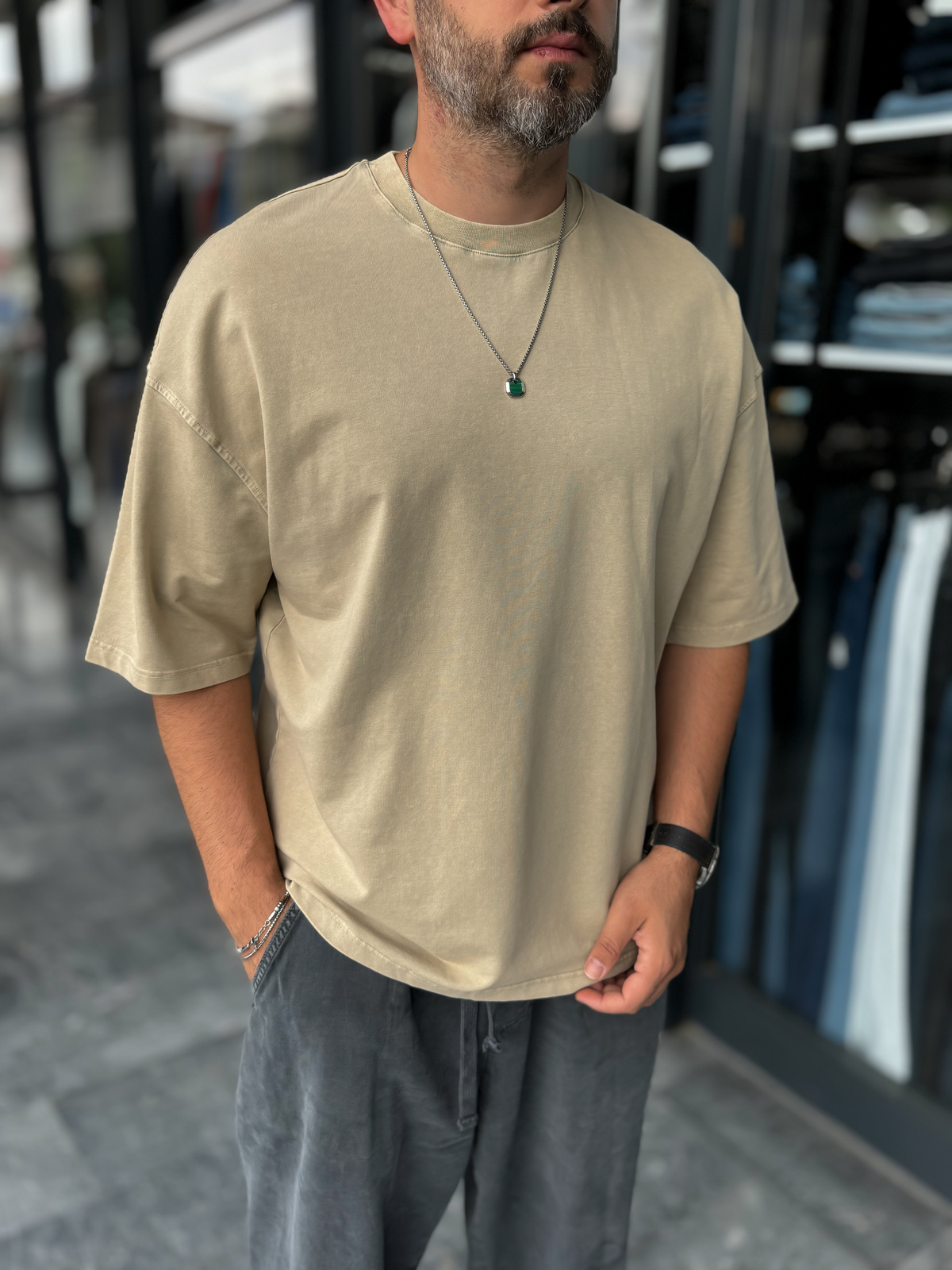 Bej Yıkamalı Oversize T-Shirt DF-2180