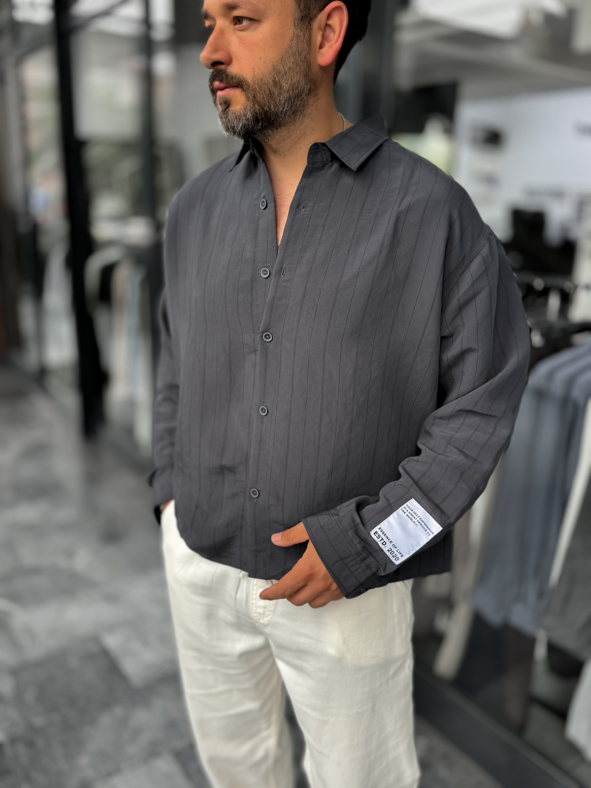Antrasit Kol Patchli İnce Çizgili Oversize Gömlek ES-40-71