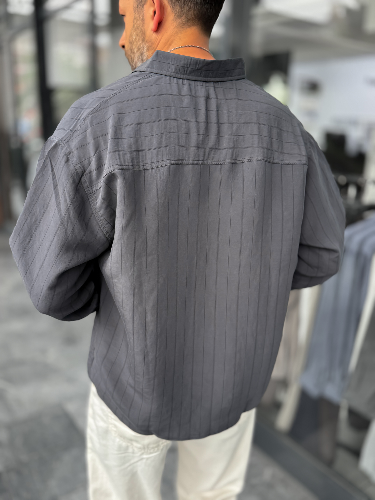 Antrasit Kol Patchli İnce Çizgili Oversize Gömlek ES-40-71