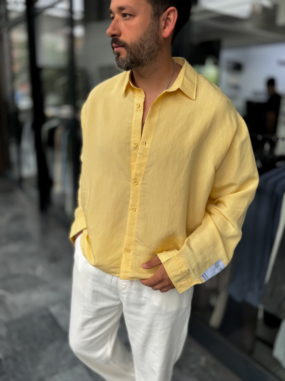 Sarı Kol Patchli İnce Çizgili Oversize Gömlek ES-40-71