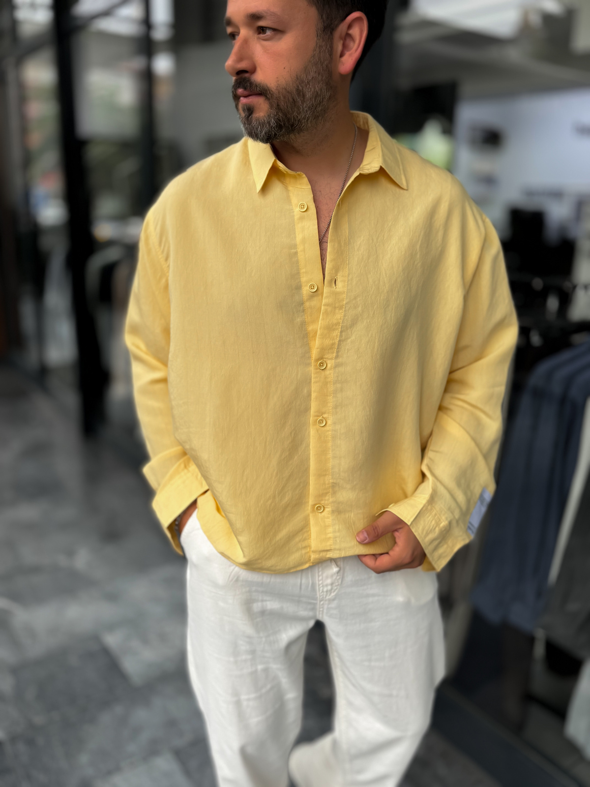 Sarı Kol Patchli İnce Çizgili Oversize Gömlek ES-40-71