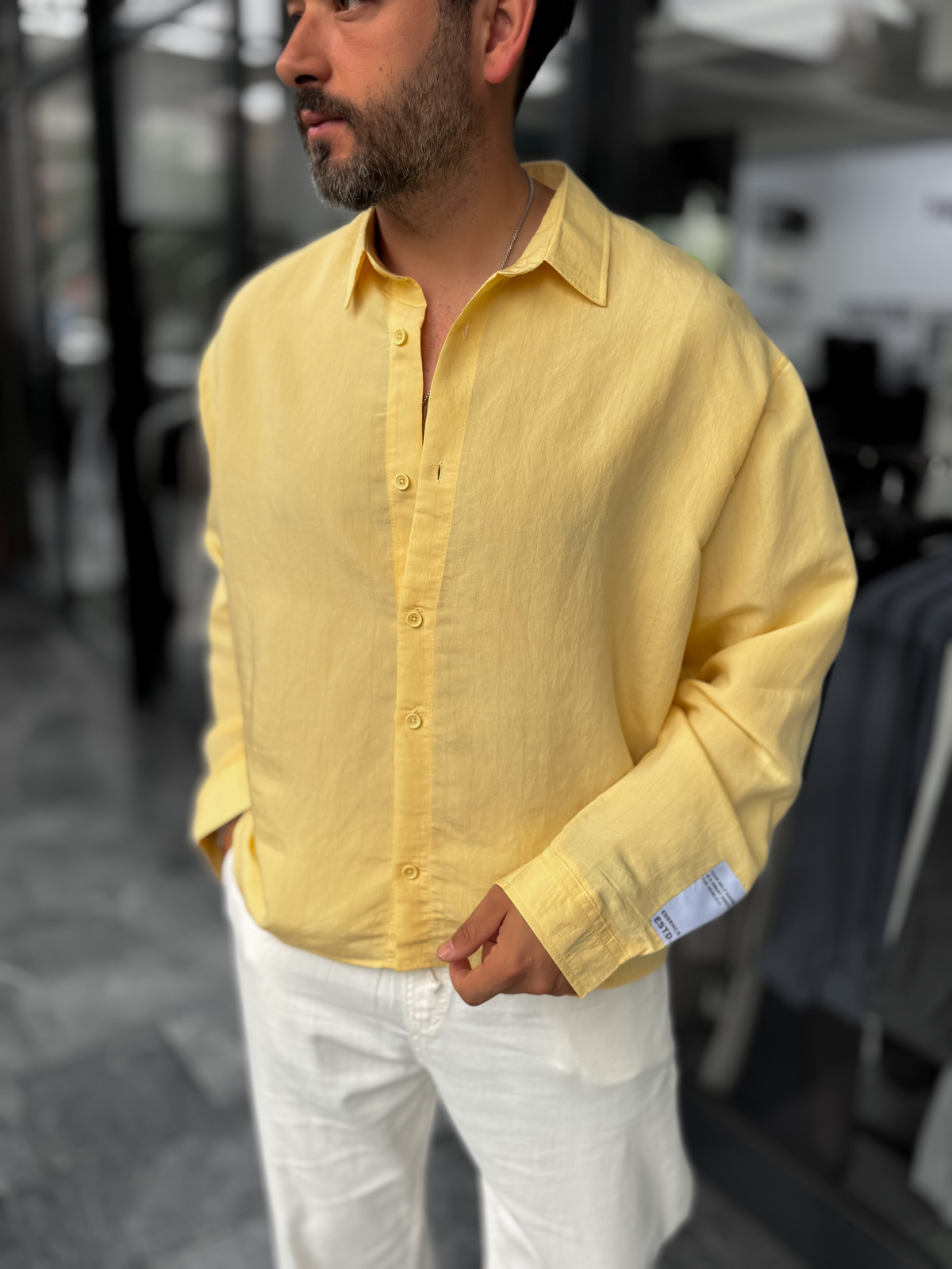 Sarı Kol Patchli İnce Çizgili Oversize Gömlek ES-40-71
