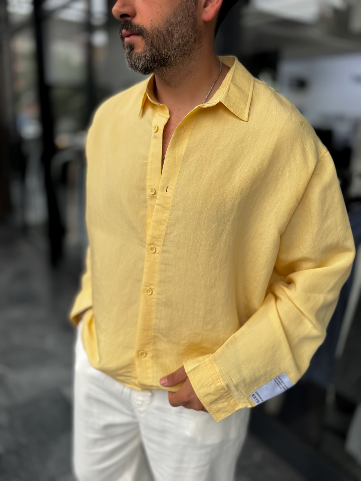 Sarı Kol Patchli İnce Çizgili Oversize Gömlek ES-40-71