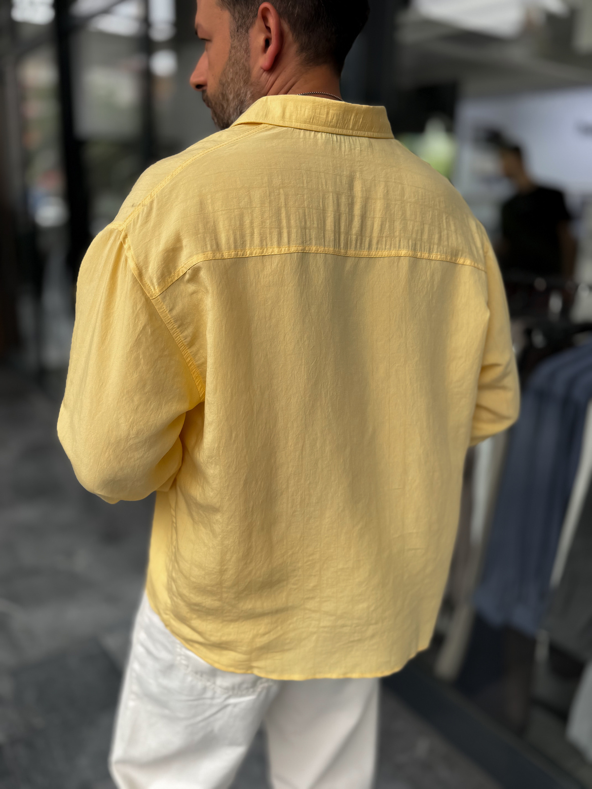 Sarı Kol Patchli İnce Çizgili Oversize Gömlek ES-40-71