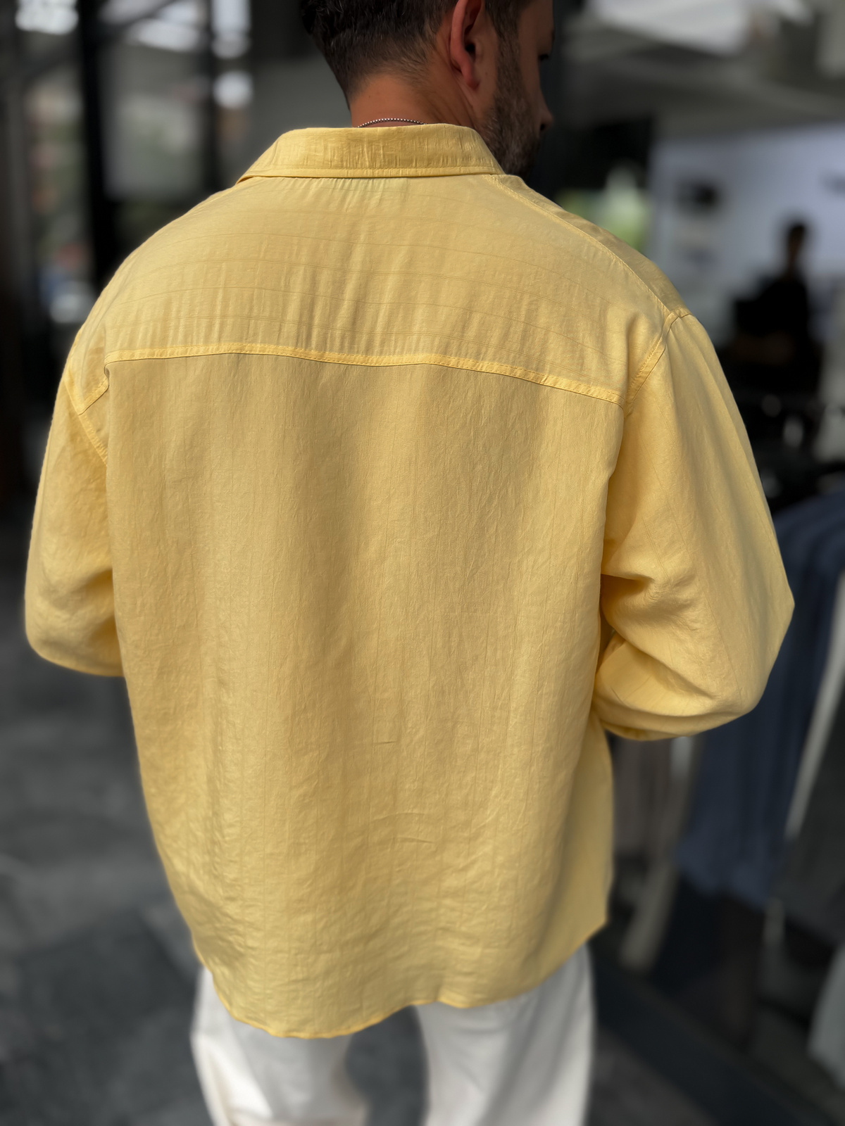 Sarı Kol Patchli İnce Çizgili Oversize Gömlek ES-40-71