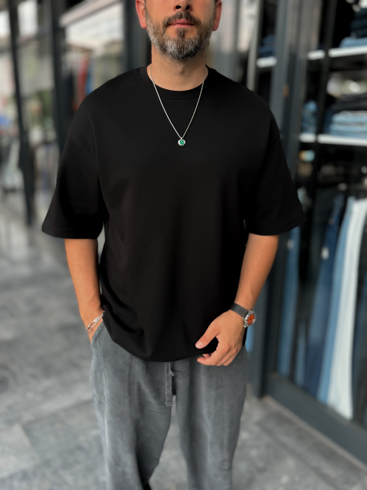 Siyah İki İplik Basic Oversize T-Shirt ES-71-149