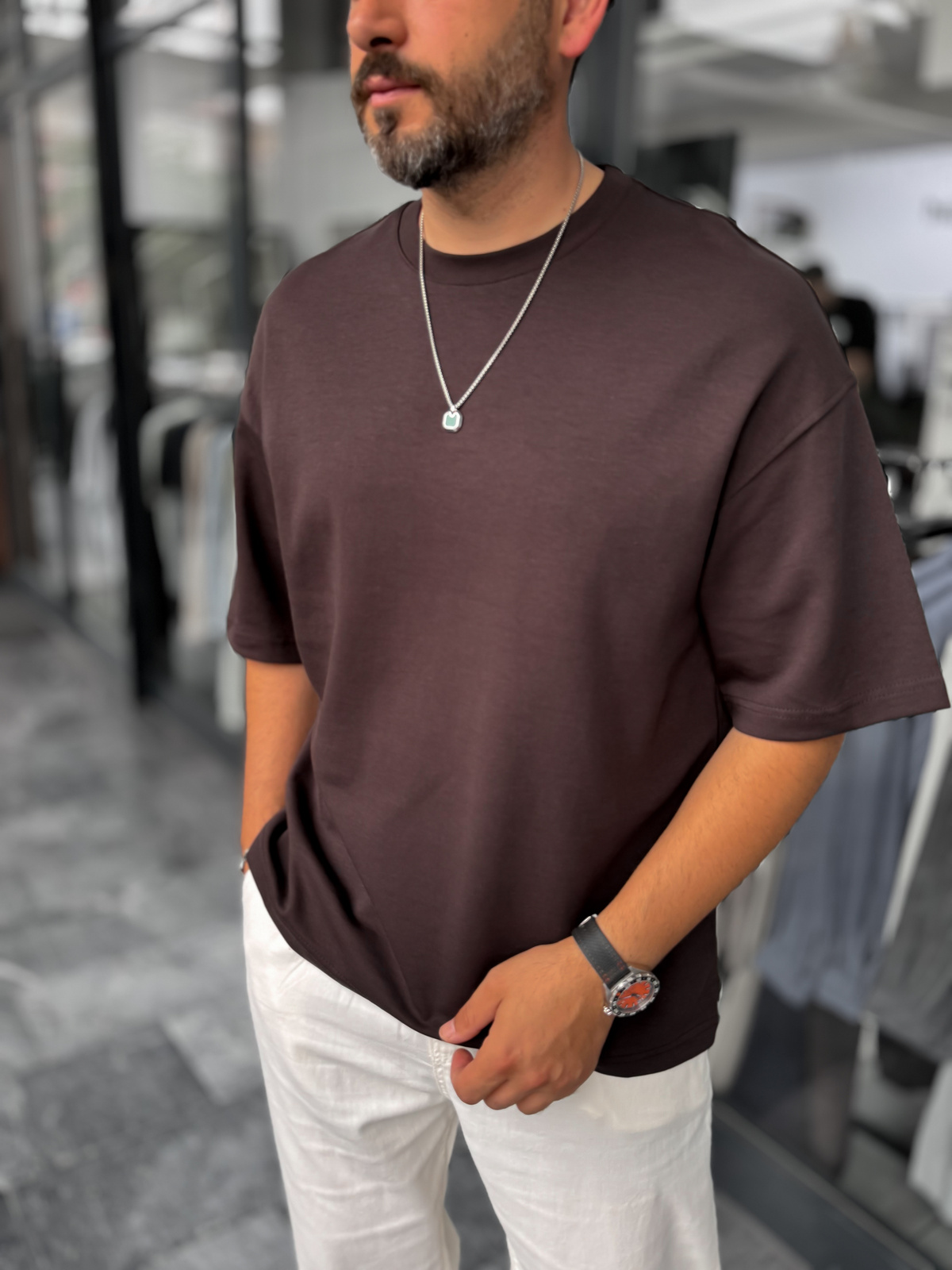Kahve İki İplik Basic Oversize T-Shirt ES-71-149