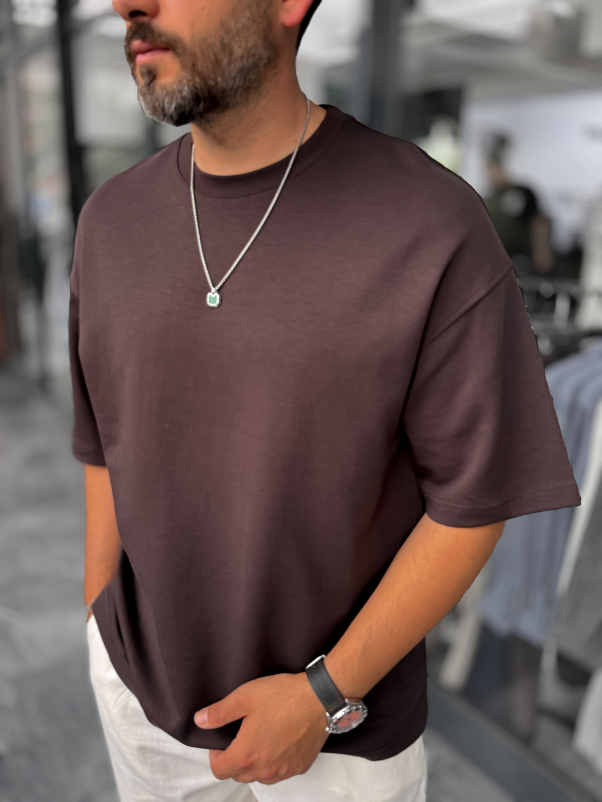 Kahve İki İplik Basic Oversize T-Shirt ES-71-149